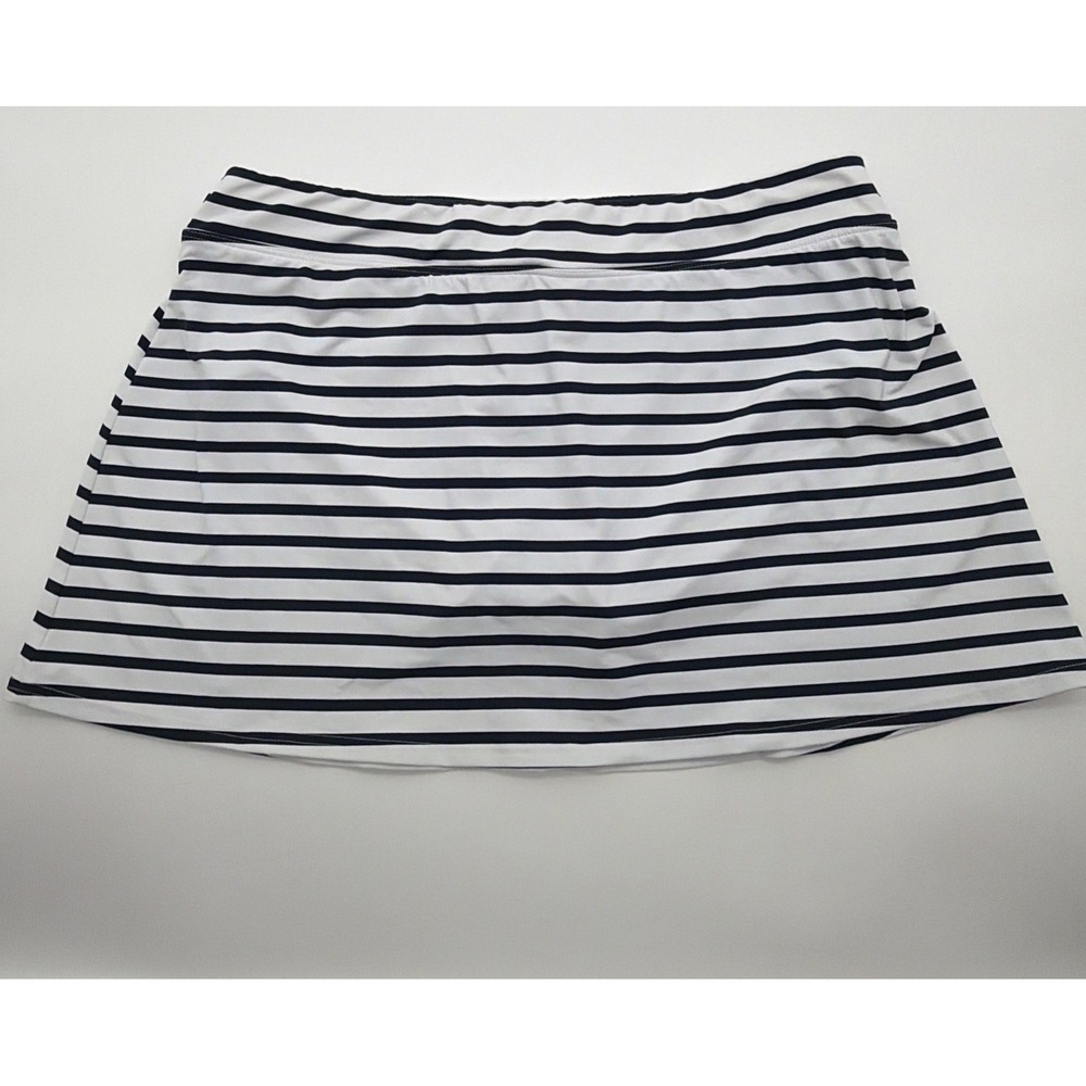 Lands End Womens Swim Skirt Tummy Control 16 Navy Blue Striped Swimsuit UPF 50